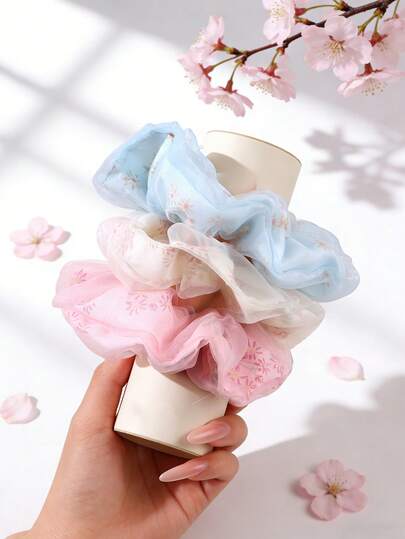 3PCS Cherry Blossom Hair Rings For Girls' Spring Floral Hair Accessories Suitable For Daily And Traveling Sakura Pink Accessories Hair Ties Teenagers' Hair Accessories