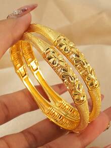 2件套女士时尚手镯，印度新娘婚礼首饰，可调节金色手镯 - 金黃色 - 查看 7