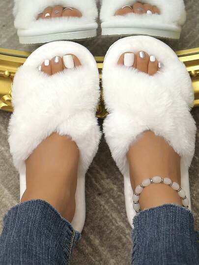 新娘拖鞋，保暖舒适的露趾拖鞋，适合新娘派对、单身派对和婚礼当天穿着，白色平底交叉露趾凉鞋