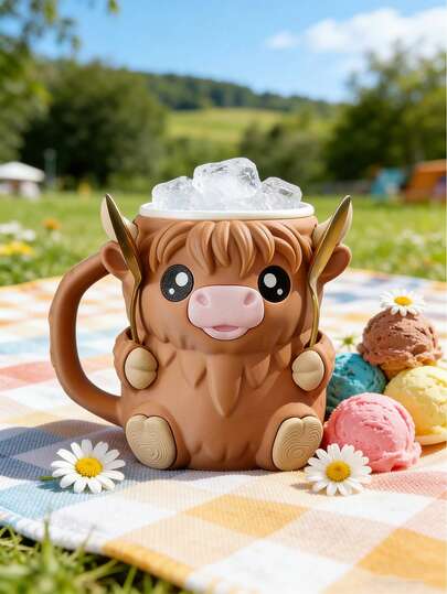 Highland Cow Ice Cream Pint Holder With Hoof Slots To Hold Your Spoon, Includes 2 Spoons, Leak-Proof Popsicle, 3d Printed Ferdinand The Cow Ice Cream Pint Container With Space For 2 Spoons, Ice Cream & Beer Can Sleeve With Handle, For Highland Cow Lovers Gifts, Gift For Easter, Mother'S Day, Independence Day, Wedding Season, Graduation Season