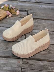 Zapatos de plataforma sin cordones para mujer, zapatos de cuña alta de unicolor, zapatos de sacudida, zapatos elevadores de suela gruesa y cómodos - zapatos casuales versátiles para todas las estaciones, uso diario de moda (disponibles en varios colores) - Albaricoque - Ver 3
