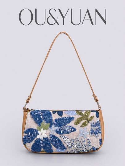 1件花朵刺绣亮片斜挎包，时尚女士沙滩度假单肩包，节日派对晚宴包。