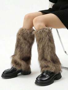 1 Pair Solid Color Fuzzy Ankle Gaiters Leg Warmers For Women, Suitable For Autumn And Winter PNVJ - 頭髮長度 15-40 厘米 - 查看 2