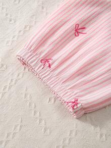 3pcs Women Bubble Crinkle Striped Bow Print Open Front Pajama Set - Baby Pink - View 5