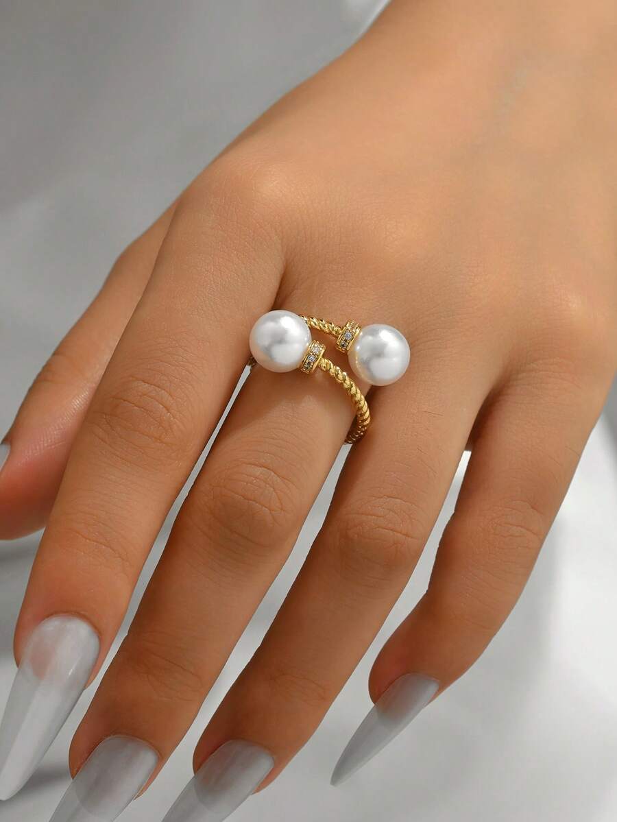 1pc Minimalist Braided Double Pearl Adjustable Ring, Classic Casual Open Ring - Gold - View 1