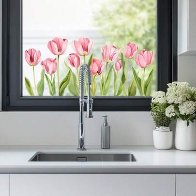 1ชิ้น 20x40ซม. สติกเกอร์กระจกทิวลิปใส, มองทะลุได้, ตกแต่งหน้าต่างแบบมีกาวในตัวไม่ทำลาย