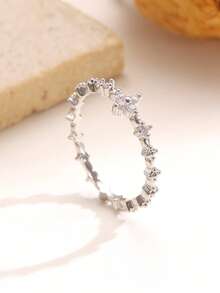 1 pieza Anillo abierto de lujo y versátil con flor de trébol de cuatro hojas incrustada en vidrio, adecuado para uso diario y de fiesta de las mujeres - Plateado - Ver 7