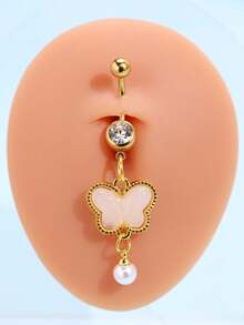 优雅、甜美、可爱、时尚、精致的粉色、黄色、蓝色蝴蝶和仿珍珠肚脐环饰品，女士款 - 彩色 - 查看 6