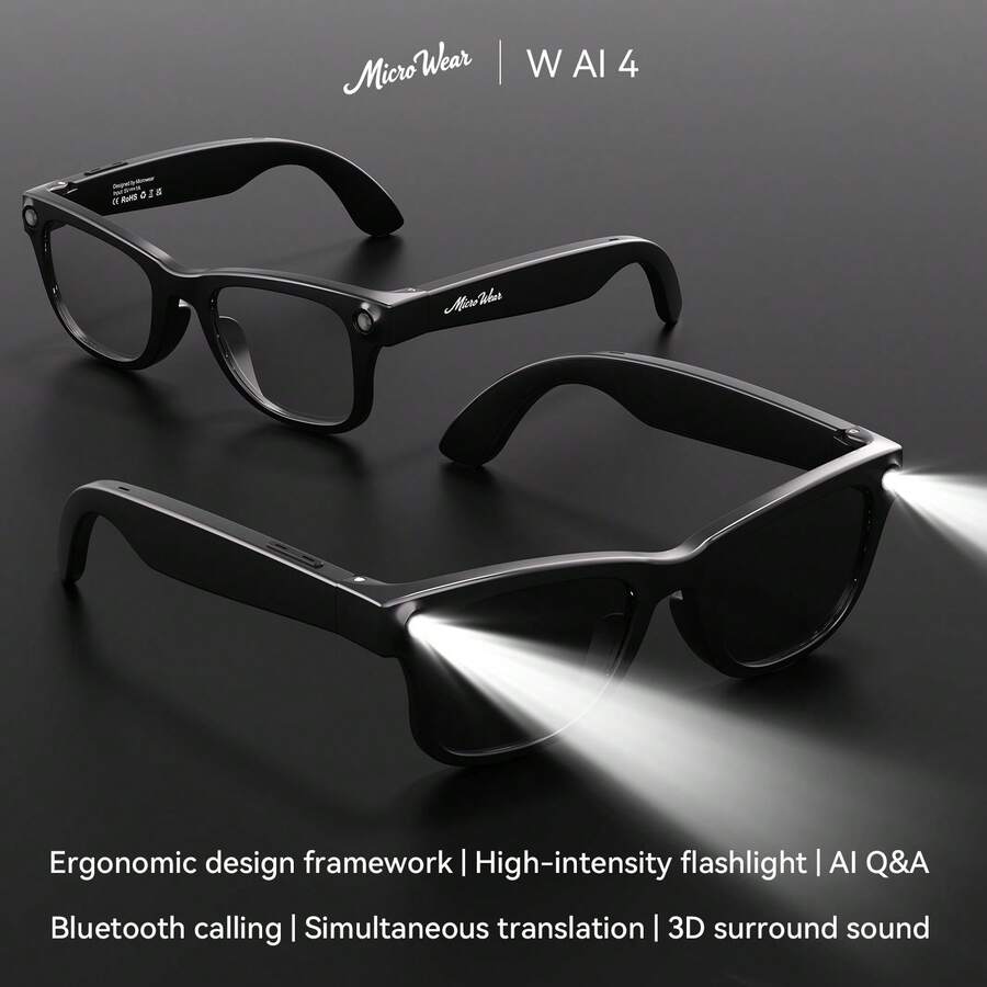 PANDA W AI 4 New AI Smart Glasses, Support Bluetooth Calling, Sync Playback Of Smartphone Multimedia Music, Voice Assistant, Bright Flashlight, Recording (Up To 8 Minutes), AI Smart Q&A, Dialogue Translation, Simultaneous Interpretation, Meeting Notes Organizing Function, Type-C Charging - View 1