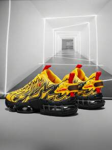 男士黄色火焰图案气垫休闲运动鞋，撞色饰边简约时尚透气系带跑步鞋 - 黃色 - 查看 5