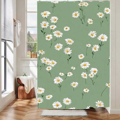 1件简约雏菊图案浴帘，清新植物花卉印花，适用于各种房间门窗、浴室装饰隔断、浴室配件、淋浴房