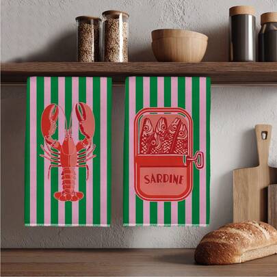 MEMNUN 2pcs Summer Striped Lobster Print Kitchen Towels, 15.75*23.62in(40*60cm) Super Soft Absorbent Dish Cloths, Modern Kitchen Accessories, Machine Washable, Suitable For Restaurant, Kitchen, Holiday Decor And Gifts, All Seasons