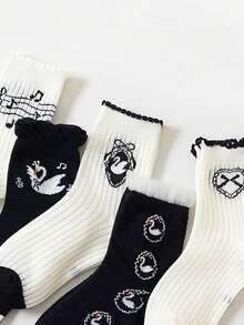 5双春夏新款薄款透气公主风女童袜，优雅黑白天鹅蕾丝女童袜，儿童网眼袜 - 彩色 - 查看 5