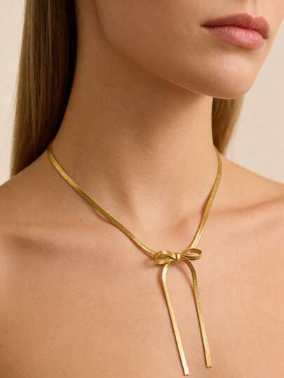 MECYLIFE 1pc Elegant Bowknot Necklace, Stainless Steel Flat Snake Chain Tassel Necklace, Versatile Jewelry Accessory For Women