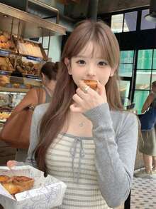 2件套撞色条纹吊带背心配蝴蝶结装饰和开衫毛衣套装，春夏款 - 淺灰色 - 查看 6