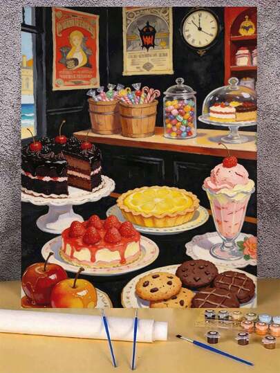 Dessert Shop Sweet Cake Candy Ice Cream Bakery Scene DIY Oil Painting By Numbers Canvas Painting Crafts Adult Home Decoration 40x50cm/16x20inch Holiday Gifts