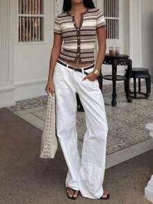 2pcs 2026 Summer Y2K Style Brown Striped Crop Top. Casual Fitted Versatile, Can Be Paired With Swimwear, Suitable For Beach, Outings, Office And Other Occasions - Multicolor - View 3