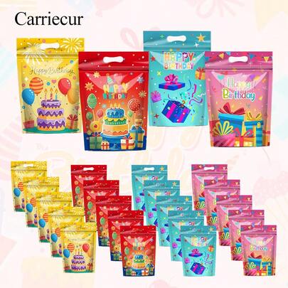 CARRIECUR Colorful Birthday Party Favor Bags, Self-Sealing Plastic Goodie Bags, Reusable Candy Snack Gift Bags For Birthday, Baby Shower, Graduation & Holiday Celebrations - Assorted Cake & Gift Box Designs