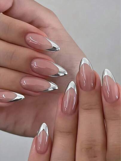 24pcs Almond Shaped Reusable Press-On Nails, Glossy Solid Color Nails, French Manicure Style, Includes 1 Nail File And 1 Jelly Gel, Suitable For Women And Girls Daily Wear