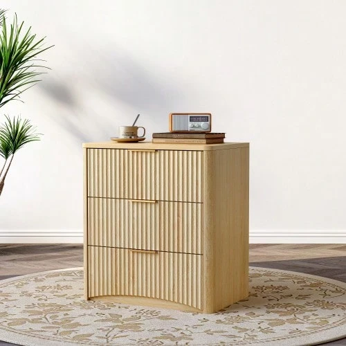 Classic Bedside Table With 3 Spacious Drawers – Unique Grooved Design, High-Quality Metal Handles And Silent Drawer Slides – Sturdy Base – Oak - Apricot - View 1