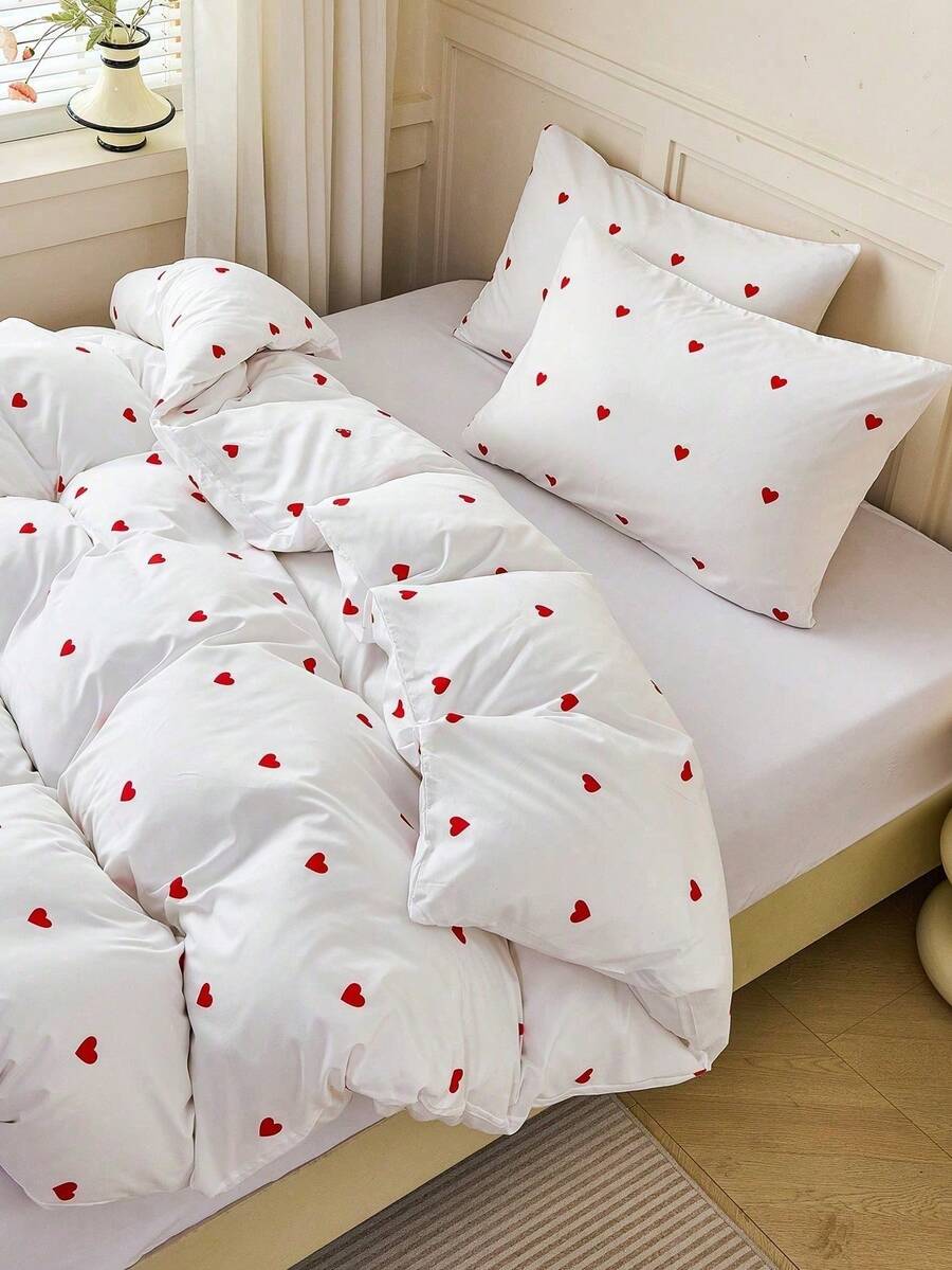 Set Sprei Duvet Motif Hati Putih & Merah 2/3 pcs, Set Perlengkapan Tidur Mikrofiber Lembut & Mudah Perawatan, Bernapas & Tahan Kerut, Gaya Mewah Hotel, Cocok Untuk Ibu, Ayah, Teman, Ukuran King/Queen/Full/Double, Perlengkapan Penting untuk Kamar Asrama - Red and White - View 1