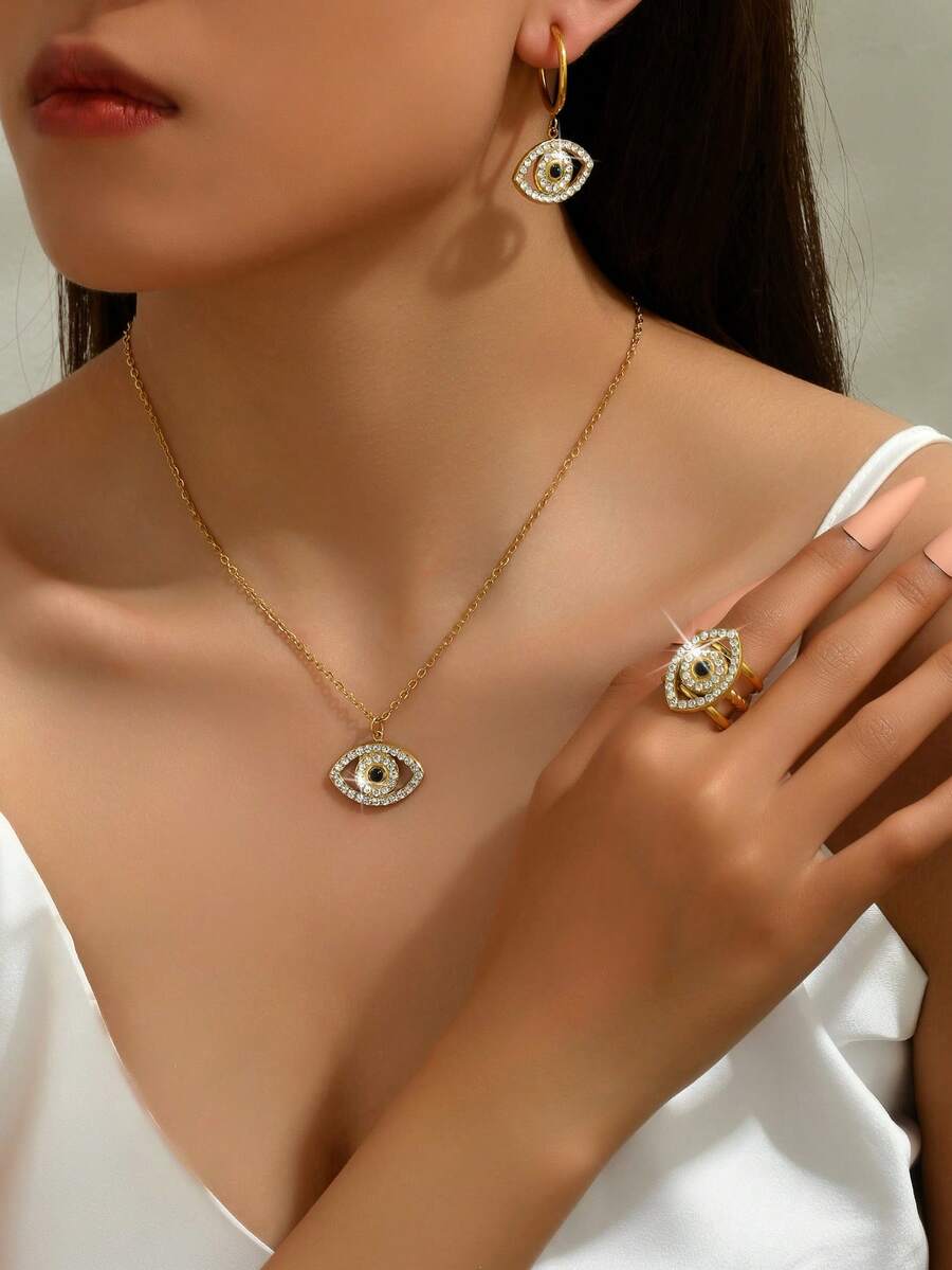 3pcs/Set European And American Evil Eye Pendant Necklace, Luxury Choker Necklace And Earrings Set For Women - Gold - View 1