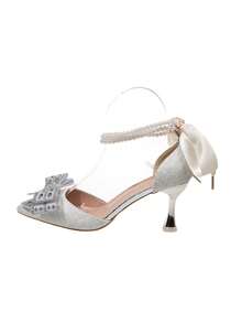 Latest Elegant Romantic Fashion Luxurious Crystal Pearl Bow Pointed Toe Wedding Bridal Bridesmaid Party Thick Heel Slip-On High Heels - Silver - View 7