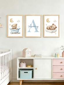 3 件套定制姓名印刷海报，个性化睡熊，蓝云月亮动物印花墙画，儿童房装饰，男孩卧室，生日礼物，无框，旅行收纳 - 藍色 - 查看 21