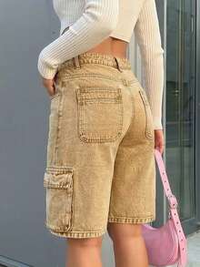 Women's Solid Color Minimalist Casual Cargo Wide Leg Denim Shorts - Brown - View 3
