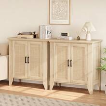 Versatile Boho-Style Sideboard – Rattan Storage Unit With Doors And Shelves – Ideal For Living Room, Kitchen, Hallway – Natural Oak Finish, Bohemian Style - Wood Grain Color 76*80*40 - View 6