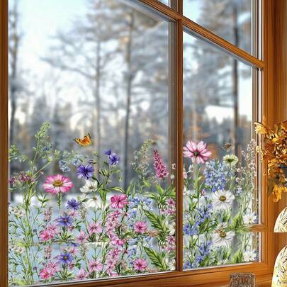 1pc Floral & Butterfly Window Static Cling, Reusable No Residue, Waterproof Vinyl, Window Decal With Wildflowers & Butterflies, Removable Window Film For Spring, Summer, Mother's Day, Wedding, Birthday, Home Decor, Indoor Outdoor Use