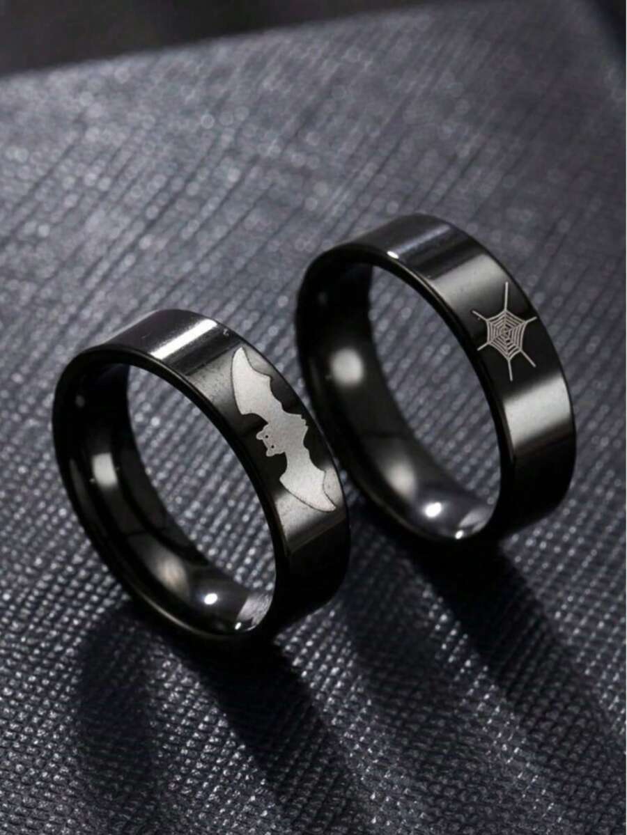 2 piezas de anillos de acero inoxidable con estilo gótico con patrones de murciélago y telaraña, adecuados para uso diario, regalo de Halloween, anillos de pareja - Multicolor - Ver 1
