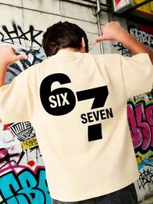 Tween Boy "Six Seven" 67 Numeric & Letter Print T-Shirt, Suitable For Boys' Street, Campus, Event, Daily Wear, Fashionable Summer Top - Apricot - View 4