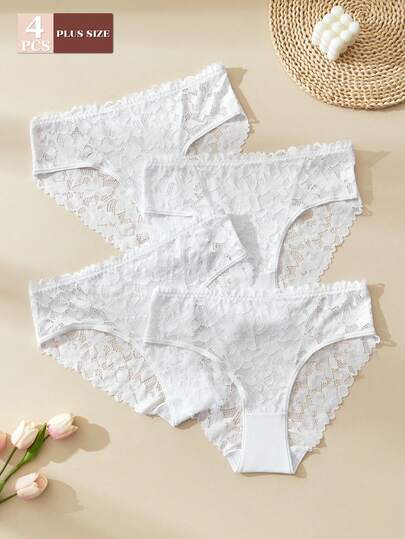 4PCS Plus Size Women's Sexy Pajamas Spring/Summer Transition Lace Triangle Panties, Pure White Romantic French Lace Trim Panties Lingerie Curve