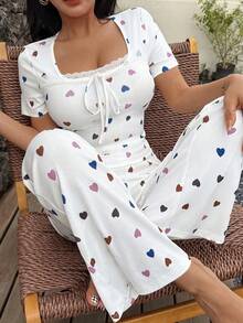 Bộ đồ lót gợi cảm 2 món viền ren hình trái tim, áo ngủ tay ngắn và quần dài viền ren thời trang, thích hợp cho mùa xuân/hè/thu. - trắng - Xem 1