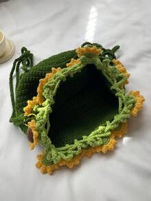 Mochila de girasol hecha a mano a ganchillo, bolso de hombro casual de moda, bolso escolar para estudiantes - Verde - Ver 6
