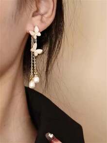 一对优雅长流苏珍珠蝴蝶耳环，时尚简约设计，百搭精致的女士耳环 - 金色 - 查看 5