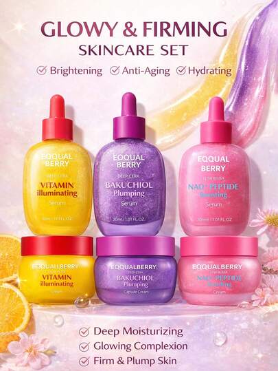 مجموعة العناية بالبشرة EQQUALBERRY (3 أنواع: بوكوشيول منتفخ / فيتامين مضيء / NAD+ مكثف الببتيد) - مصل وكريم ثنائي، طبيعي، نباتي، خالي من التجارب على الحيوانات، مضاد للشيخوخة ومنير ومرطب للحصول على بشرة نضرة ولامعة