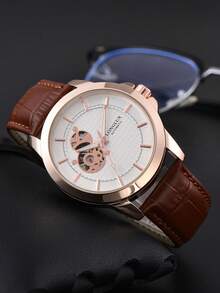 LONGLUX 1pc Men's Hollow Automatic Mechanical Waterproof Leather Band Watch, High-End Casual - White - View 4