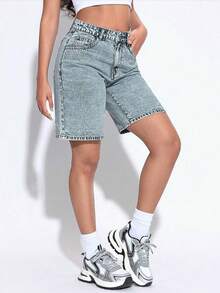 女士高腰百慕大牛仔短裤，休闲宽松夏季牛仔短裤 - 水鴨藍 - 查看 5