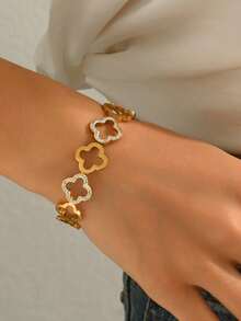 Vòng tay thép không gỉ đính đá Zirconia hình cỏ bốn lá sang trọng, thời trang, phù hợp để đeo hàng ngày, hẹn hò và dự tiệc. - Vàng - Xem 9