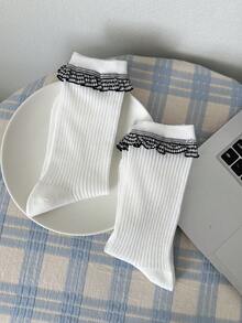 1/3双装蕾丝边中筒袜，女士舒适家居服，百搭亲肤 - 彩色 - 查看 15