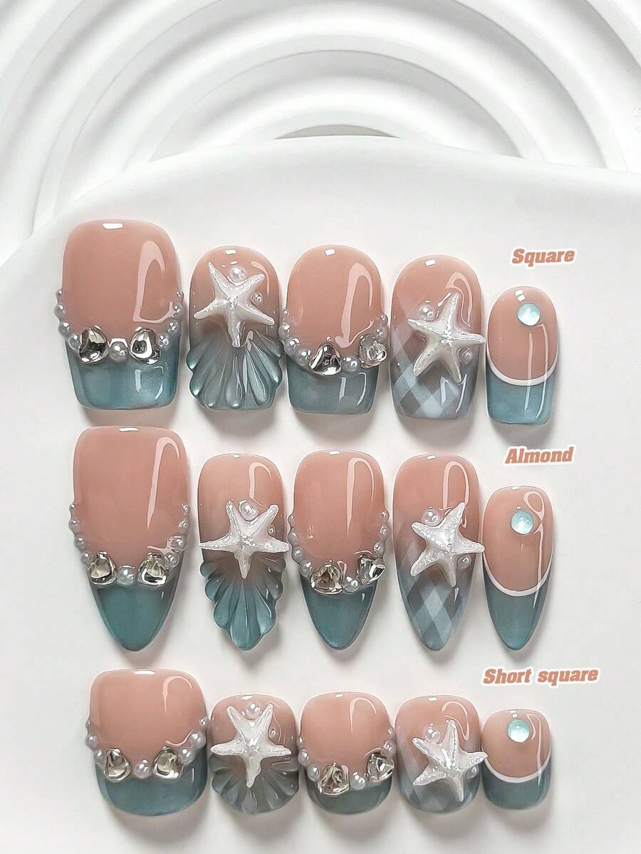 10片裝清新法式航海風 Polygel 壓貼美甲套組,壓克力穿戴甲,藍色迷你泡泡珠、藍色貓眼美甲,基礎百搭款,含美甲工具,3種尺寸可選,方型、短方型、杏仁型,適合派對、舞蹈、日常穿戴,手工製作 - 彩色 - 查看 1