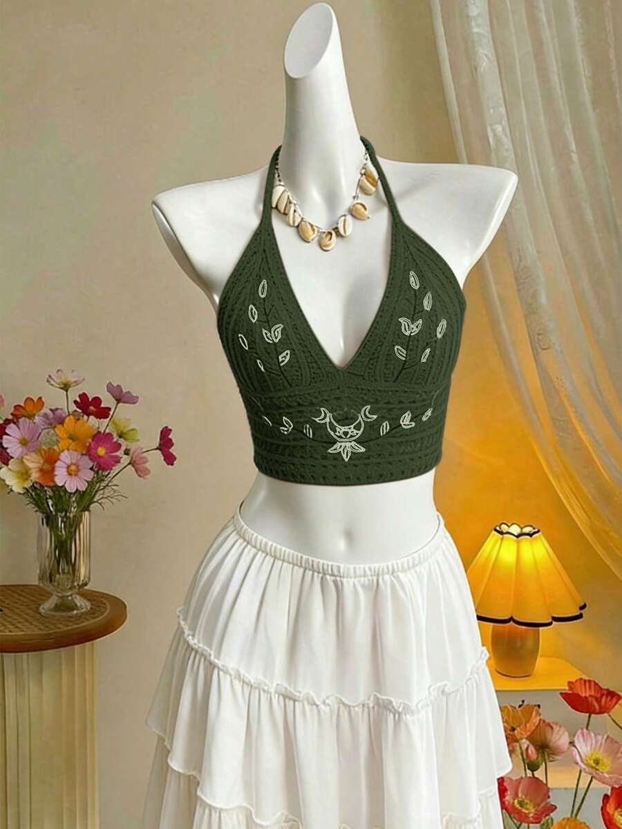 Top de punto con cuello halter con patrón de bordado hueco, adecuado para vacaciones, playa, viajes, uso casual, disponible en tallas grandes y pequeñas para el verano - Verde Oliva - Ver 1