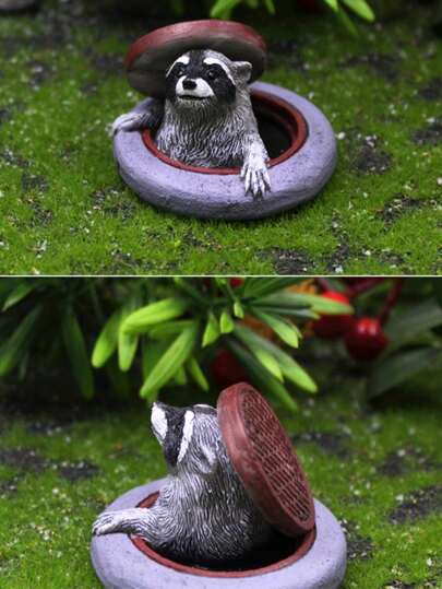 1/2个可爱树脂浣熊藏在井盖下，创意花园微缩景观装饰，逼真动物树脂摆件，适合室内/室外、庭院和露台使用。