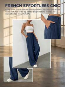 Light Blue Linen Drawstring Waist Wide Leg Pants Casual High Waist Baggy Trousers For Women - Blue - View 6