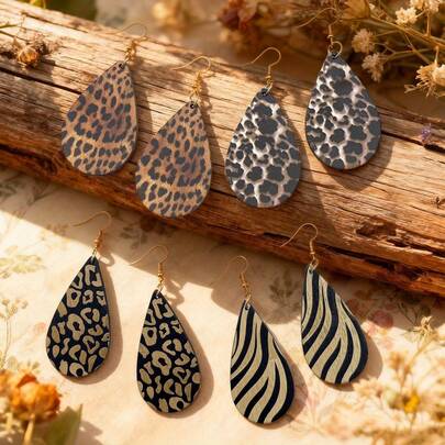 4对/套 复古波西米亚动物纹水滴形吊坠耳环，纹理独特设计，性感穿搭推荐，适合节日、派对、外出等场合佩戴。