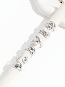 6 piezas Anillos de gota asimétrica personalizada de oro líquido liso, anillos de moda versátiles y exclusivos para mujeres - Plateado - Ver 4