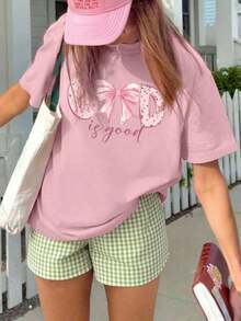 1pcsWomen's Summer New Simple Sheep And Slogan Print Daily Casual Round Neck Apricot Short Sleeve T-Shirt Fashionable And Versatile Suitable For Daily Wear Women's Tops180g100%Cotton - 粉色 - 查看 11