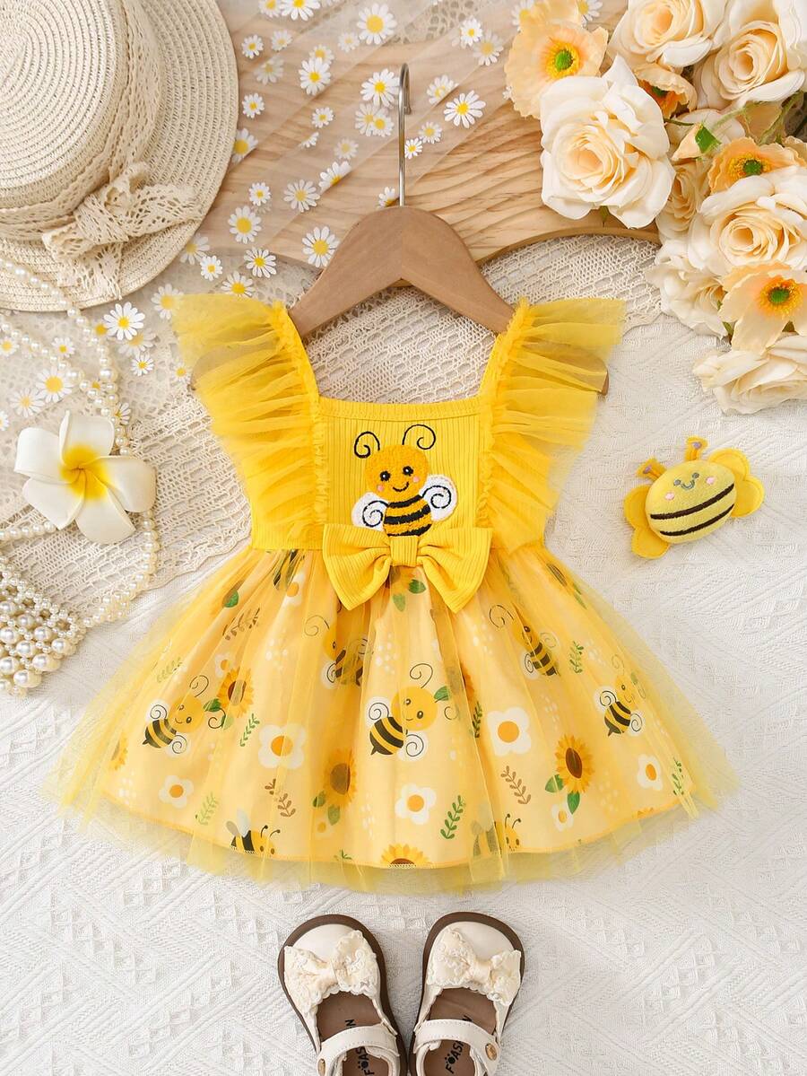 女婴夏季可爱卡通船领3D蜜蜂贴花向日葵蓬松网纱连衣裙 - 黃色 - 查看 1